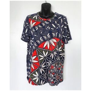 Tory Burch Pima Cotton Kaleidoscope Floral Logo T-Shirt Top Navy Red Olive Sz M